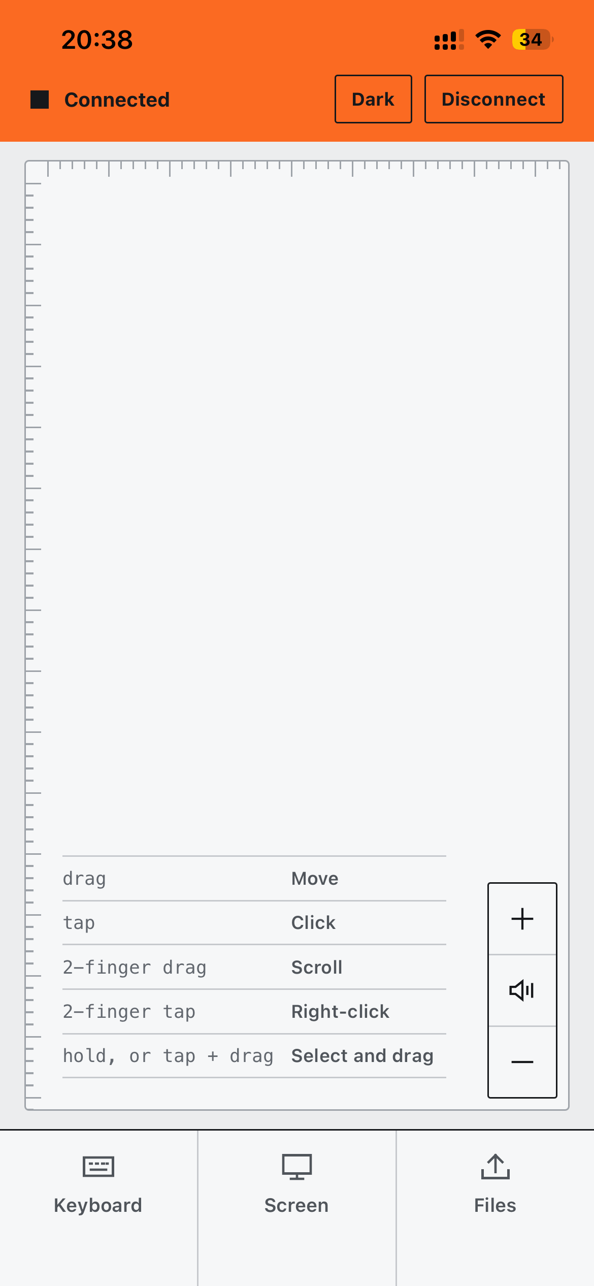 The phone app: a full-height trackpad with a ruler along its edges, the gesture legend, and a bar of Keyboard, Screen and Files.